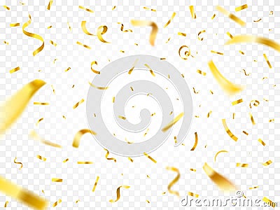 Christmas golden confetti. Gold party decoration flying and falling tiny yellow foil papers. Decor paper stripes vector Vector Illustration