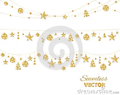 Christmas golden decoration isolated on white background. Holiday vector frame, border. Vector Illustration