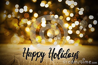 Christmas Golden Lights Background, Calligraphy Happy Holidays Stock Photo