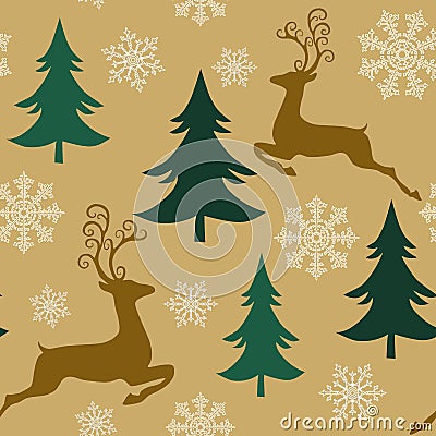 Golden Christmas Seamless Pattern, Deer Snowflakes Winter Surface Pattern, Winter Vector Repeat Pattern for Home Decor, Textile Vector Illustration