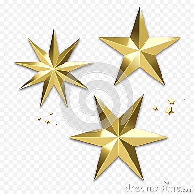 Christmas golden star decoration or snowflake gold glittering ornament for winter holiday greeting card. Vector golden sp Vector Illustration