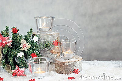 Christmas gray background with candles and tree Stock Photo