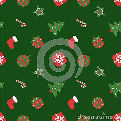 Christmas green pattern. Winter holiday wallpaper. Seamless texture for the New Year. Santa`s hat, tree, bag, gift, stick, bell Vector Illustration