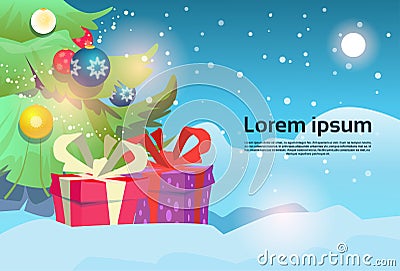 Christmas Green Tree With Gift Box Snow Greeting Card Decoration Happy New Year Banner Vector Illustration