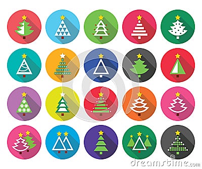 Christmas green tree - various types vector flat design icons set Vector Illustration