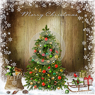 Christmas greeting background with Christmas tree and gifts Stock Photo