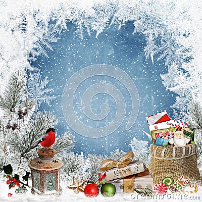 Christmas greeting background with space for text, with gifts, a lantern, a bullfinch, a bag of letters and sweets and frosty patt Stock Photo