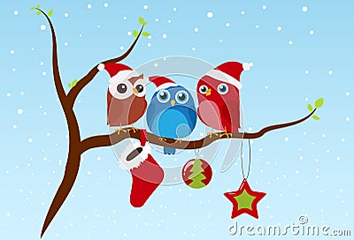 Christmas greeting with birds sitting on branch Vector Illustration
