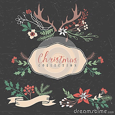 Christmas greeting bouquets with flowers, berries and antlers. Vector Illustration