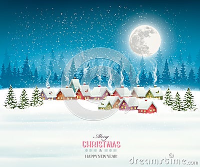 Christmas greeting card against snow covered village. Vector Illustration