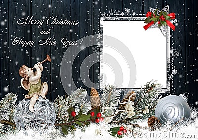 Christmas greeting card with an angel, pine branches and Christmas decorations Stock Photo