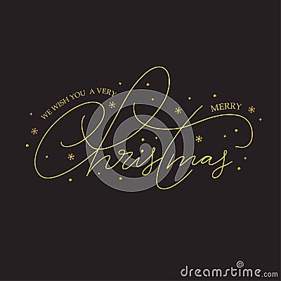 Christmas greeting card with Calligraphic golden lettering and golden Christmas Decorations Vector Illustration