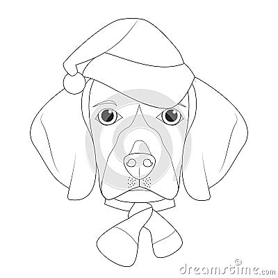 Christmas greeting card for coloring. Beagle dog with Santa`s hat Vector Illustration