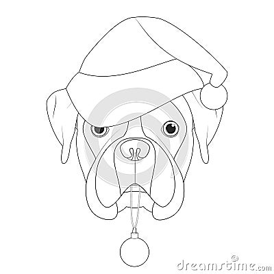 Christmas greeting card for coloring. Boxer dog with Santa`s hat and Christmas toy ball Vector Illustration