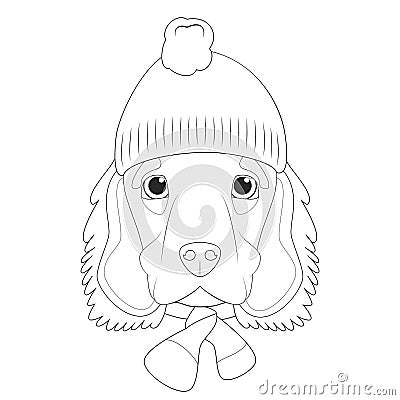 Christmas greeting card for coloring. English Cocker Spaniel dog wearing a woolen cap for winter Vector Illustration