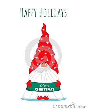 Christmas greeting card with a cute bearded gnome. Winter holiday character. Vector illustration in flat style. Merry Vector Illustration