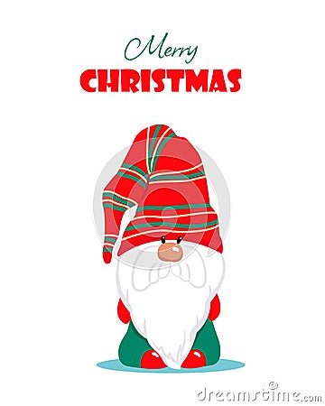 Christmas greeting card with a cute bearded gnome. Winter holiday character. Vector illustration in flat style. Merry Vector Illustration