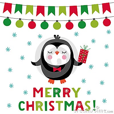 Christmas greeting card with a cute cartoon penguin Vector Illustration