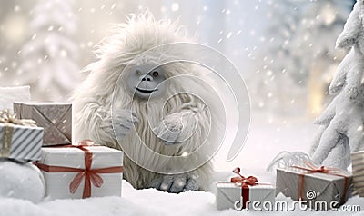 A cute furry Yeti surrounded by lots of Christmas presents. Stock Photo