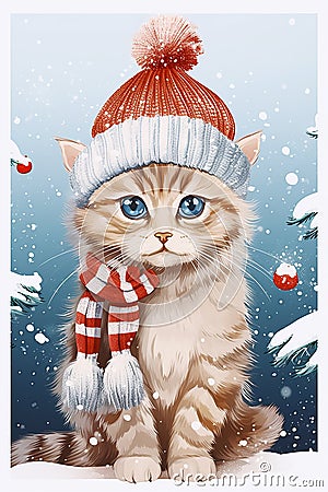 Christmas greeting card with cute kitten with blue eyes wearing hat and scarf sitting in snow Stock Photo