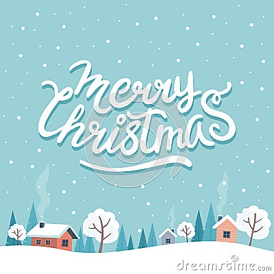 Christmas greeting card with cute landscape and lettering Vector Illustration