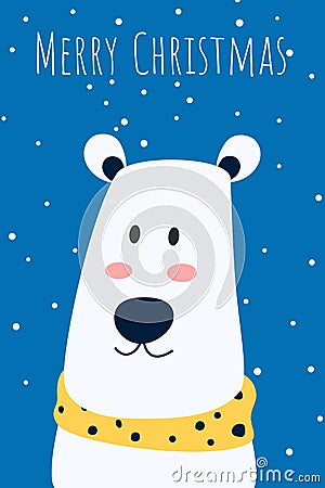 Christmas greeting card and cute Polar bear with yellow scarf character. Merry Christmas and Happy New Year. Cartoon Vector Illustration
