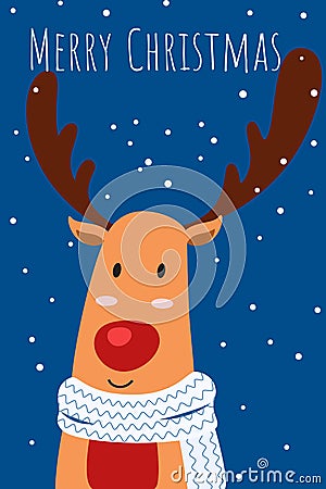 Christmas greeting card and cute Reindeer character. Merry Christmas and Happy New Year. Cartoon Vector Illustration