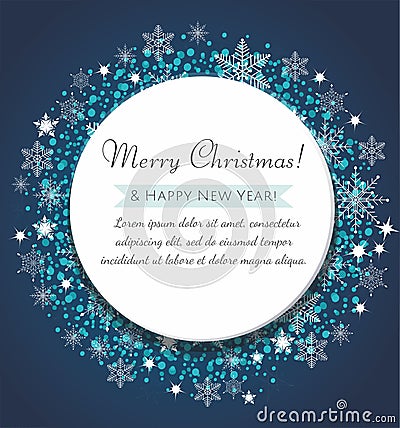Christmas greeting card. Decorative blue ball with snowflakes and confetti. Vector Illustration