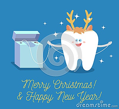 Tooth is wearing in deer mask. Cartoon tooth with dental floss. Merry Christmas Vector Illustration