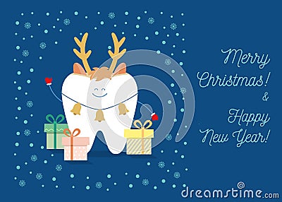 Christmas greeting card from dentisty. Smiling Tooth is wearing in deer mask Stock Photo