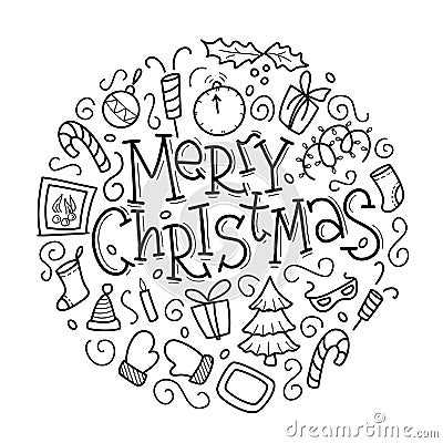 Christmas greeting card with doodle new year elements collection Vector Illustration