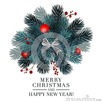 Christmas 2019 greeting card with fir ball and red berries. Merry Christmas and happy new year typography poste Vector Illustration