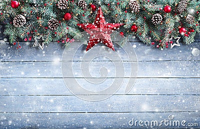 Christmas Greeting Card - Fir Branch And Decoration On Snowy Stock Photo