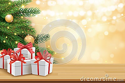 Christmas greeting card with gifts boxes on wooden table and tree bokeh background. Xmas and happy new year Vector Illustration