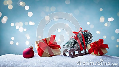 Christmas greeting card. Gift boxes and sledge with decorative fir tree in snowy background. Holiday banner Stock Photo