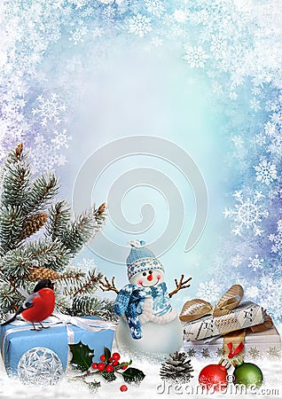 Christmas greeting card with gifts, snowman, pine branches and christmas decorations with space for text Stock Photo