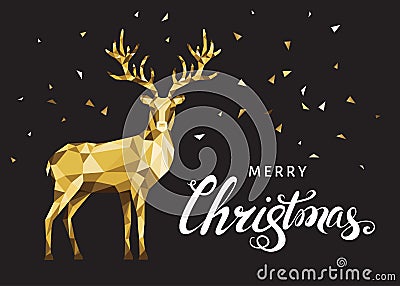 Christmas greeting card with gold polygonal deer on black back Vector Illustration