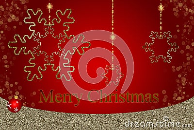 Christmas greeting card with golden glitter snowflakes and bokeh lights background Stock Photo