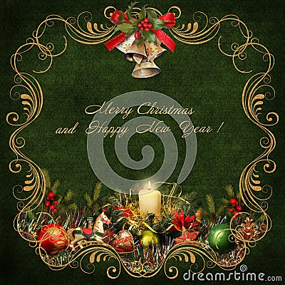 Christmas greeting card with golden swirls and christmas decorations Stock Photo