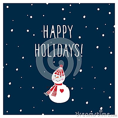 Christmas Greeting Card with hand drawn cute snowman. Happy holidays. Dark blue background. Vector Illustration