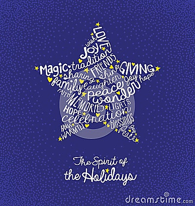 Christmas greeting card with handwritten words in star shape Vector Illustration