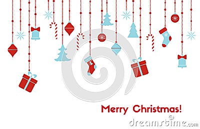 Christmas greeting card with hanging christmas toys, gift boxes, candy canes Vector Illustration