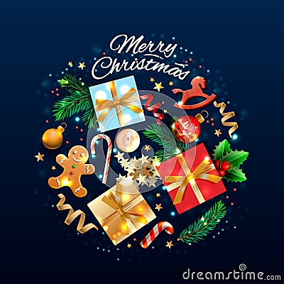 Christmas greeting card with holiday objects. Merry Christmas and happy new year. Background with gift box and balls Vector Illustration