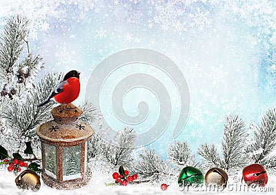 Christmas greeting card with Ñhristmas bells, bullfinch, lantern, pine branches and snow Stock Photo