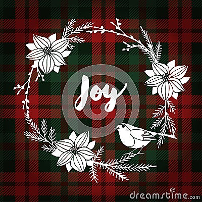 Christmas greeting card, invitation. Finch bird and white Christmas wreath made of poinsettia, fir branches. Tartan background Vector Illustration