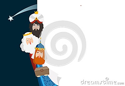 Christmas greeting card, invitation. Three magi bringing gifts. Biblical kings Caspar, Melchior, Balthazar and comet Vector Illustration