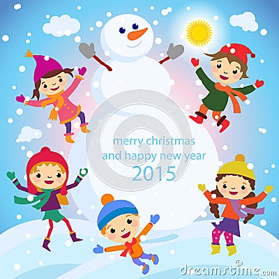 Christmas Greeting Card Kids, Snow and Snowman vector Vector Illustration