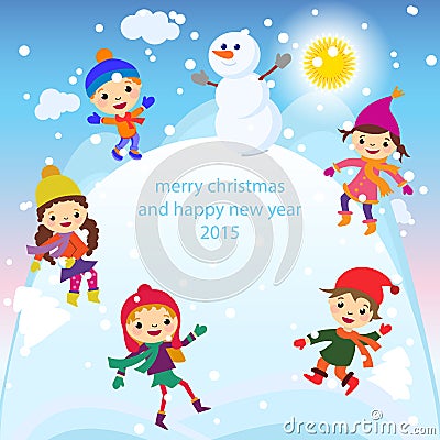 Christmas Greeting Card Kids, Snow and Snowman vector Vector Illustration