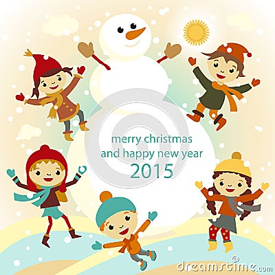 Christmas Greeting Card Kids, Snow and Snowman vector Vector Illustration