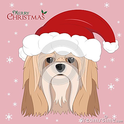 Lhasa Apso dog with red Santas hat Vector Illustration